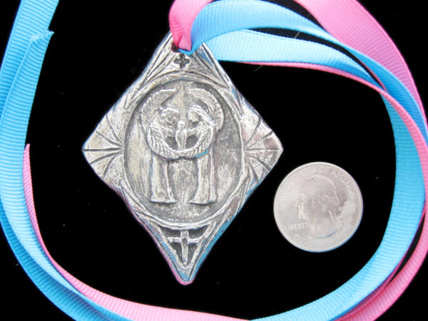 Handmade Baptismal, Christening Crib Medal with Guardian Angels