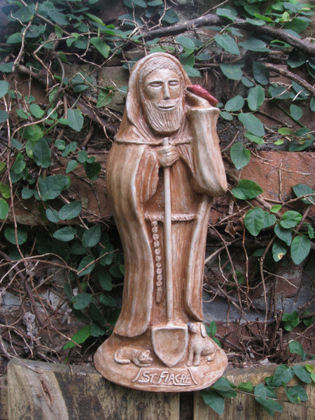 Handmade Statue of St. Fiacre, Patron of Gardeners, with Cat, Dog, Bird